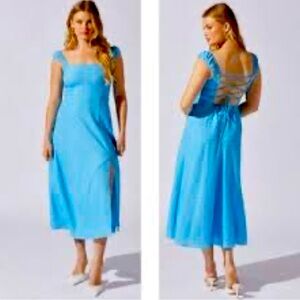 Astr Blue Midi Dress with Lace-Up Back